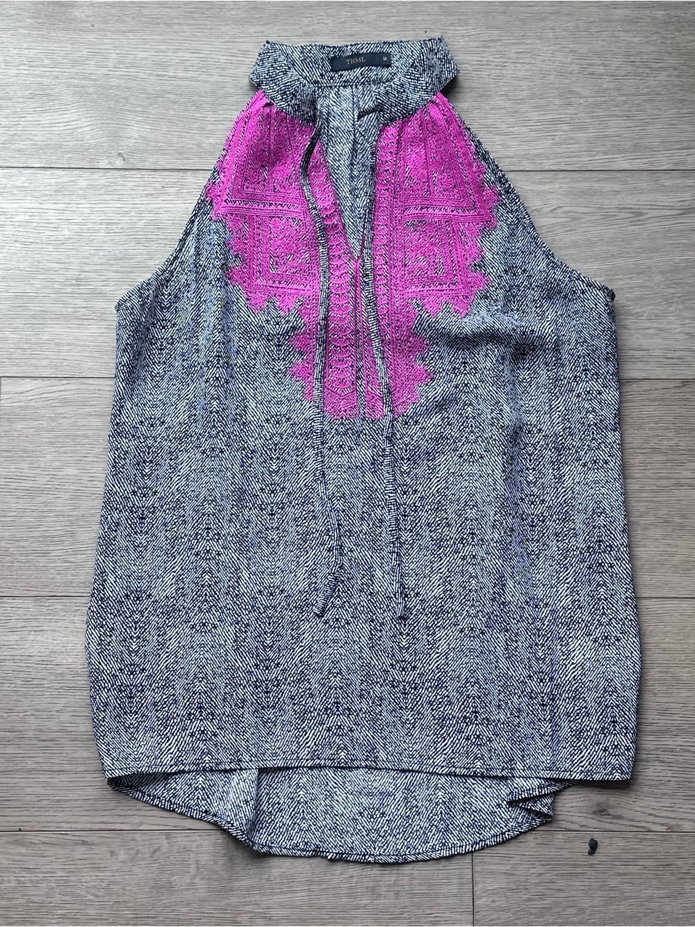 THML Embroidered Sleeveless Top Medium Boho Pink Black Tassel Blouse